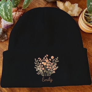 Hand Embroidered Beanie: Snake Plant, Daisy, Bee - Boho Winter Hat
