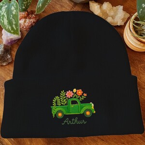 Hand Embroidered Beanie: Snake Plant, Daisy, Bee - Boho Winter Hat