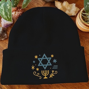 Hand Embroidered Beanie: Snake Plant, Daisy, Bee - Boho Winter Hat