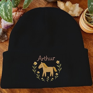 Hand Embroidered Beanie: Horse, Daisy, Bee - Boho Winter Hat