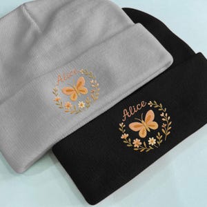 Hand Embroidered Beanie: Butterfly, Daisy, Bee - Boho Winter Hat