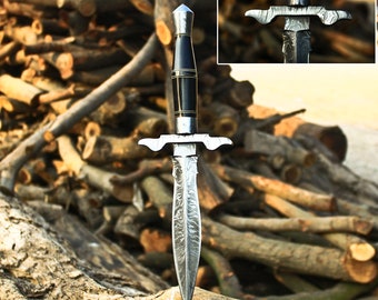 Cuchillo de daga de Damasco con hermoso mango de madera y vaina Regalo hombres Mango de cuerno de toro Cuchillo de caza de espiga completa Cuchillo de lanzamiento de hoja afilada