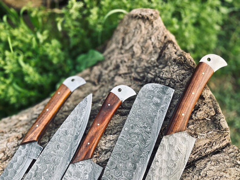 Damascus Steel Chef Set, Hand Forged Damascus Chef Set, Damascus Chef Knife, Kitchen Knife, Handmade Damascus Steel BBQ Knife Set Gift MEN zdjęcie 3