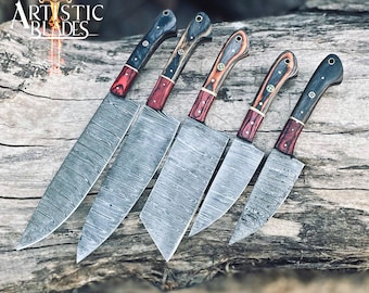 Damascus Steel Chef Set, Hand Forged Damascus Chef Set, Damascus Chef Knife, Kitchen Knife, Handmade Damascus Steel BBQ Knife Set Gift MEN