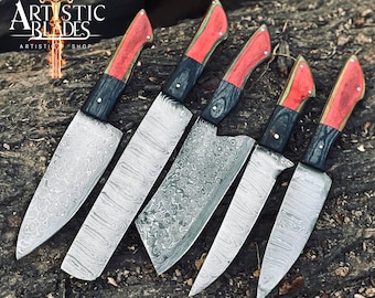 Damascus Steel Chef Set, Hand Forged Damascus Chef Set, Damascus Chef Knife, Kitchen Knife, Handmade Damascus Steel BBQ Knife Set Gift MEN