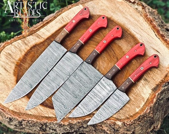 Damascus Steel Chef Set, Hand Forged Damascus Chef Set, Damascus Chef Knife, Kitchen Knife, Handmade Damascus Steel BBQ Knife Set Gift MEN