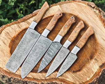 Damascus Steel Chef Set, Hand Forged Damascus Chef Set, Damascus Chef Knife, Kitchen Knife, Handmade Damascus Steel BBQ Knife Set Gift MEN