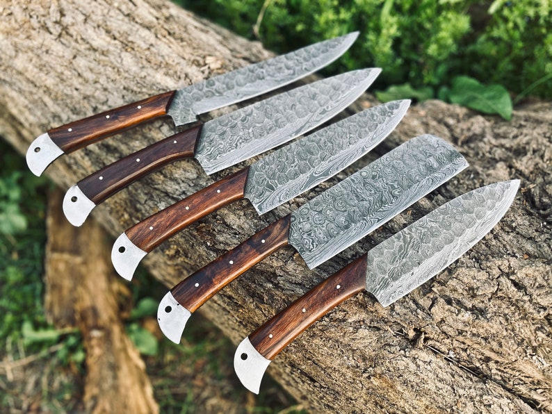 Damascus Steel Chef Set, Hand Forged Damascus Chef Set, Damascus Chef Knife, Kitchen Knife, Handmade Damascus Steel BBQ Knife Set Gift MEN zdjęcie 4