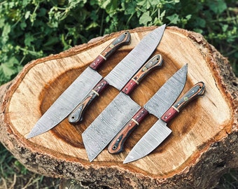 Damascus Steel Chef Set, Hand Forged Damascus Chef Set, Damascus Chef Knife, Kitchen Knife, Handmade Damascus Steel BBQ Knife Set Gift MEN