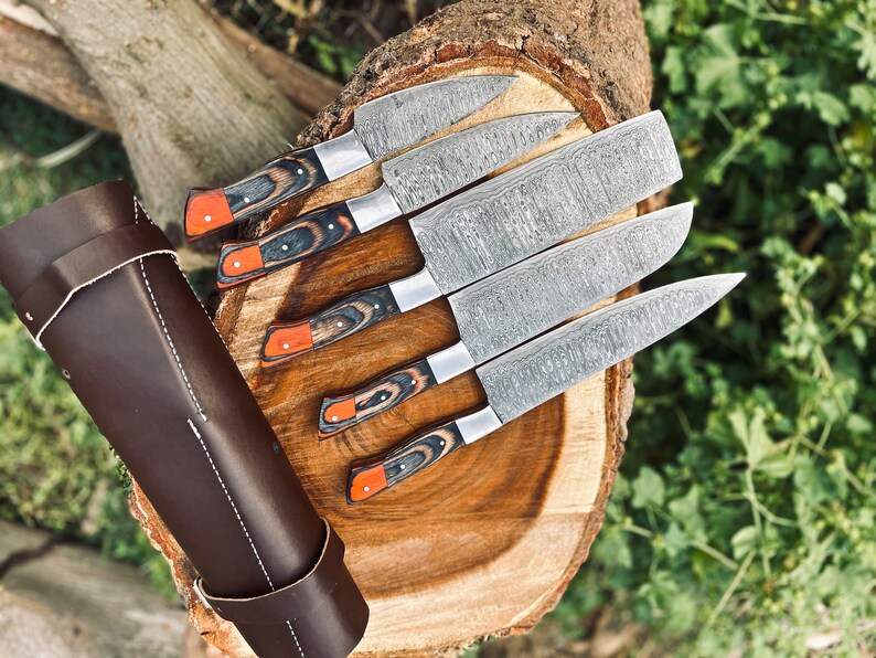 Damascus Steel Chef Set, Hand Forged Damascus Chef Set, Damascus Chef Knife, Kitchen Knife, Handmade Damascus Steel BBQ Knife Set Gift MEN zdjęcie 3