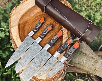 Damascus Steel Chef Set, Hand Forged Damascus Chef Set, Damascus Chef Knife, Kitchen Knife, Handmade Damascus Steel BBQ Knife Set Gift MEN