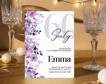 Purple Floral 60th Birthday Invitation Canva Template, 60th Birthday card, 60th birthday invite women, 60th birthday invite purple
