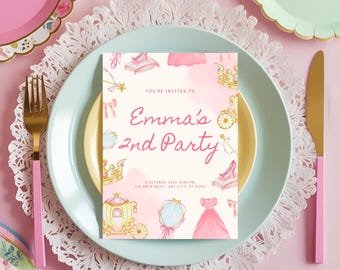 Pink and Gold Princess Birthday Invitation Template | Elegant Watercolor Royal Fairytale Party Editable Canva | Instant Digital Download