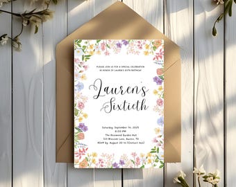 Wildflower 60th Birthday Invitation Template | Boho Floral Editable Sixtieth Invite for Woman | Rustic Meadow Party Digital Download Canva