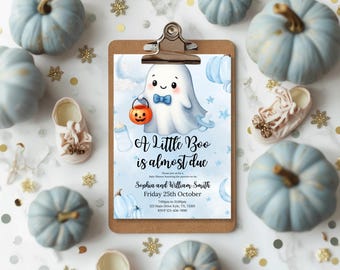 Little Boo Baby Shower Invitation Cavna Template, blue ghost baby shower invite, halloween baby shower invitation, Boy Baby shower invite
