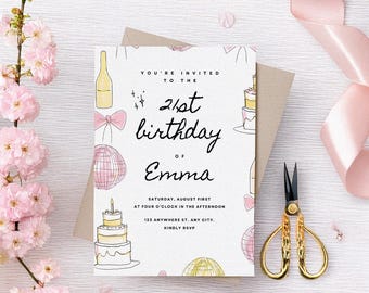 Pink 21st birthday Invite Canva Template, 21st birthday invitation brunch, Invite Girl 16th 18th 21st Birthday