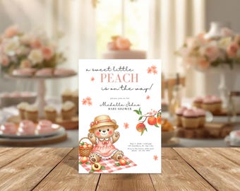 Invitación para Baby Shower "Un Dulce Melocotón" • Un Melocotón Está en Camino • Invitación con Tema de Melocotón de Verano para Niña • Invitación para Baby Shower