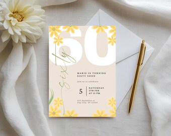 Yellow Floral 60th Birthday Dinner Party Invitation Template | Editable Sixtieth Invite for Woman | Watercolor Daisy Canva Digital Download