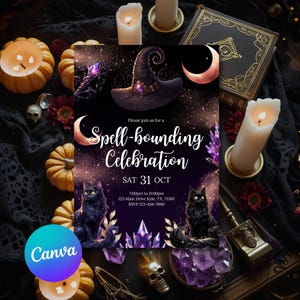 Carte d&#39;invitation d&#39;Halloween envoûtante pour une fête de sorcières et de sorciers Modèle Canva facile à utiliser pour une invitation d&#39;anniversaire de sorcière et de sorcier