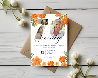 70. Geburtstagseinladung für Frau Aquarell Orange Blumen | Bearbeitbare Vorlage Canva Evite | Seventy Surprise Party 5x7 einladen