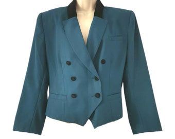 Veste blazer vintage des années 1980 bleu sarcelle et noir à col smoking par Alain Cannelle Small