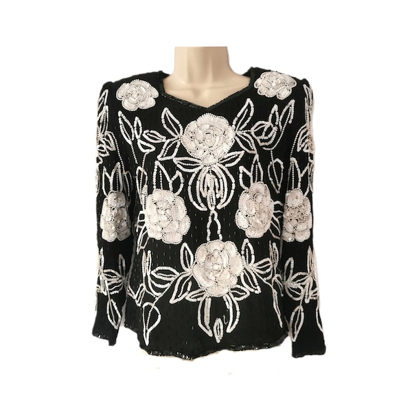 Vintage 1970s Silk and Sequin Beaded  Floral Design Trophy Top Handmade in India SMALL