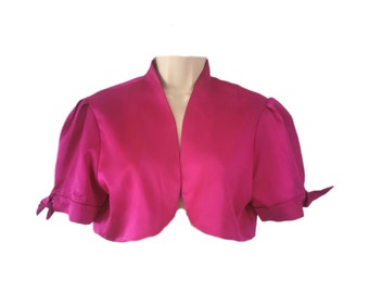 Veste boléro courte fuchsia rose violet vintage des années 1980 avec nœud sur les manches, moyen