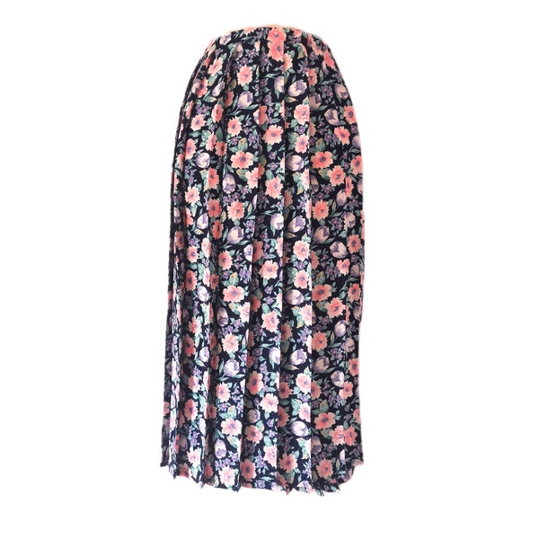Vintage 1980s Pink and Navy Blue Floral Pleated Midi Skirt by Eastex Medium Shabby Chic