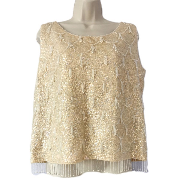 Vintage 1960s Sequin Beaded  Fringe Cream Gold Cashmere Trophy Top by Monarch Medium