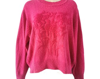 Vintage 1980s Fuchsia Pink Knitted Sweater with Embroidered Floral Design by Country Casuals Medium