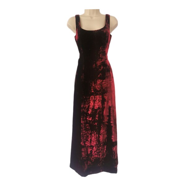 Vintage Laura Ashely 1990s Wine Red Burgandy Crushed Velvet Maxi Cocktail Low Back Dress Petite UK 10