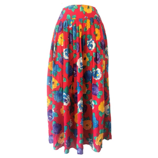 Vintage 1980s Pink Tropical Floral High Waist Midi Skirt by St Michael's Medium