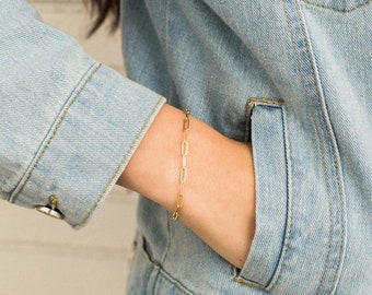14K Gold Paperclip Chain Bracelet, Link Bracelet, Everyday wear, Dainty Paperclip Bracelet, Gift for Her, Bracelet for Women
