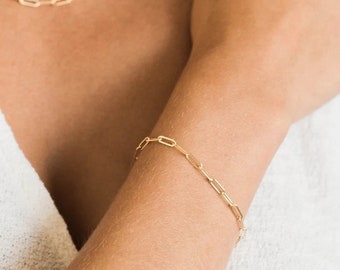 Bracelet chaîne trombone en or 14 carats, bracelet à maillons, à porter au quotidien, bracelet trombone délicat, cadeau pour elle, bracelet pour femme