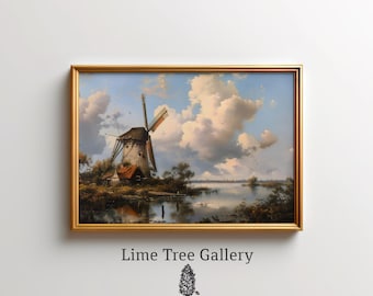 オランダの風車の風景画｜ヴィンテージオランダの田園風景油絵（印刷