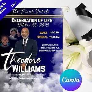 May include: A memorial announcement with a navy blue and white gradient background. The text reads "Celebration of Life" and includes the name "Theodore Williams" and dates. The image also features a photo of the deceased and a church address.