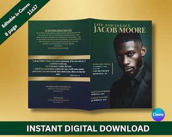 Emerald Green & Gold Funeral Program Template – Luxe Obituary Booklet (Canva File)
