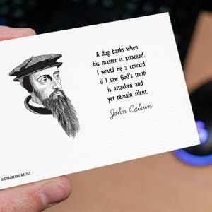 Cartões postais de João Calvino Envelopes Um cachorro late quando seu dono é atacado Verdade Teologia Coram Deo Cartões cristãos reformados Reforma
