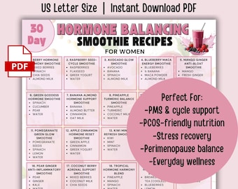 Smoothies équilibrant les hormones de 30 jours pour femmes, soutien du syndrome prémenstruel, du SOPK, de l'énergie et des hormones saines, poster bien-être imprimable