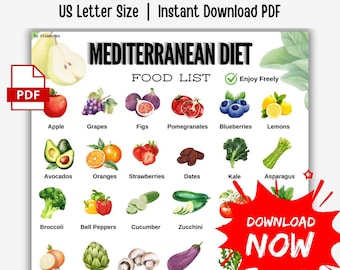 Mediterrane Diät Lebensmittel Liste PDF | sympton tracker gesunde Rezepte | Entzündungshemmender Mahlzeitenführer | Instant Download Gesundheit Bundle