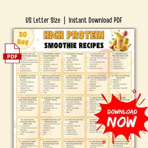 May include: A colorful graphic featuring "High Protein Smoothie Recipes" with 30-day meal plan. The recipes include ingredients like fruits, protein powder, and milk. A red "Download Now" button is prominently displayed.