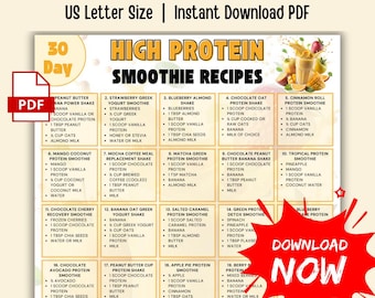 30 recettes de smoothies riches en protéines, substituts de repas frappés, smoothies pour perdre du poids, guide imprimable des smoothies sains, PDF