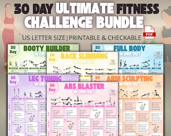 Ultimate 30 Day Fitness Challenge Bundle, 6 Workout Plans Full Body, Booty, Abs, Arms & Legs, At Home Workout Guide PDF Instant Download