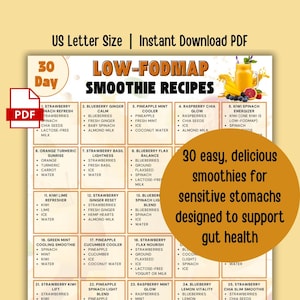 Puede incluir: Un PDF digital con 30 recetas de batidos bajos en FODMAP. Las recetas están diseñadas para apoyar la salud intestinal e incluyen ingredientes como fresas, espinacas y arándanos. El texto también incluye "US Letter Size" y "Instant Download PDF".