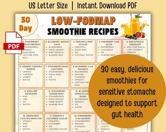 30 jours de recettes de smoothies faibles en FODMAP pour le SCI et la santé intestinale, affiche fodmap