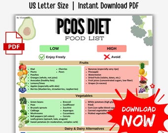 Elenco degli alimenti per la sindrome dell'ovaio policistico (PCOS) in formato PDF / Monitoraggio dei sintomi, crampi e acne / Ricette facili / Guida ai pasti per l'equilibrio ormonale / Supporto alla dieta PCOS stampabile e scaricabile immediatamente