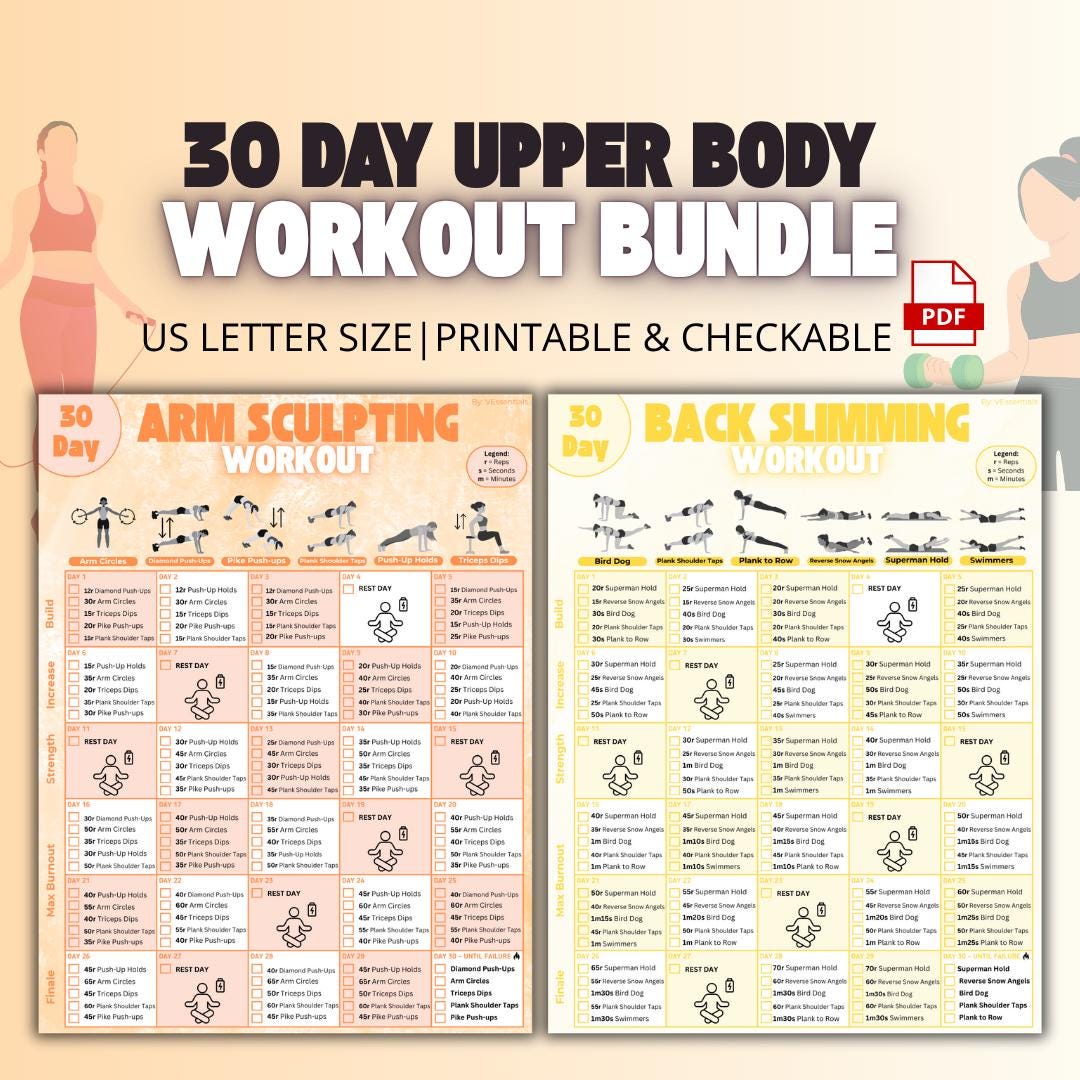 30 Day Back & Arm Workout Plan Bundle, at Home Upper Body Exercises ...