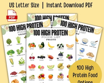 Liste de 100 aliments riches en protéines au format PDF imprimable, liste de courses à haute teneur en protéines, tableau des aliments protéinés par catégorie, poster du guide de perte de poids et de gain musculaire