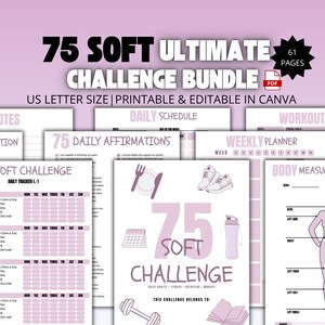 May include: A printable 75 Soft Challenge bundle in US Letter size, featuring a daily schedule, affirmations, a weekly planner, and a body measurement tracker. The pages are in shades of purple and white, with illustrations of a calendar, dumbbells, and a water bottle.
