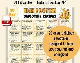 30 recettes de smoothies substituts de repas riches en protéines, milk-shakes amaigrissants, affiche imprimable de smoothies sains, PDF